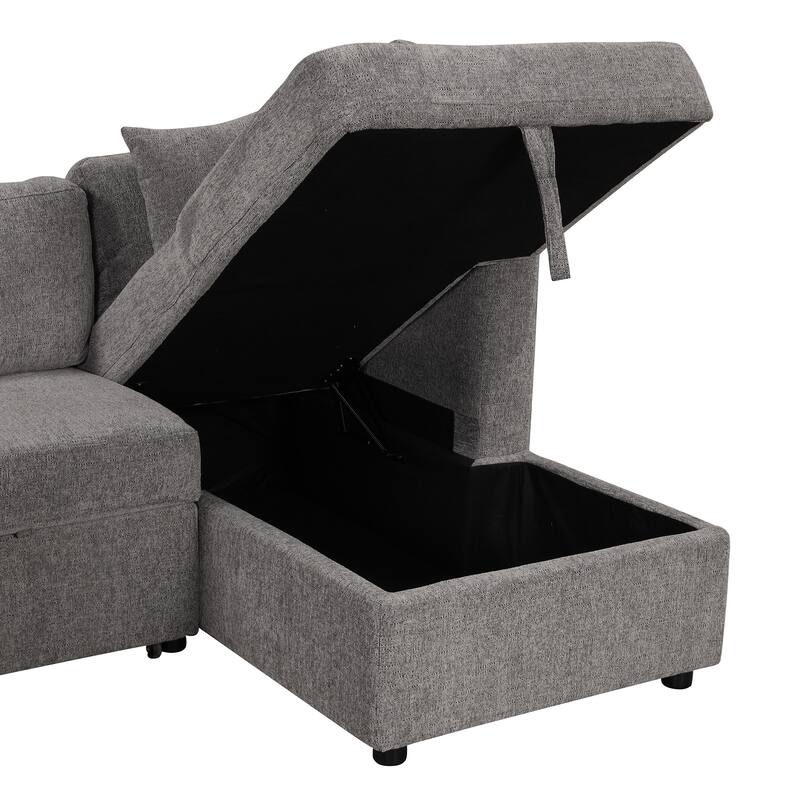 108.6" Chenille U-Shaped Sectional Sofa Bed with USB Ports, Storage Chaise, and 3 Back Pillows
