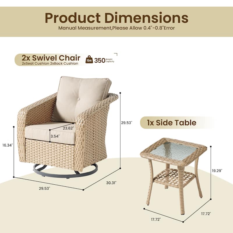 OVIOS Outdoor Wicker Swivel Chair 3-Piece Set (with Side Table)