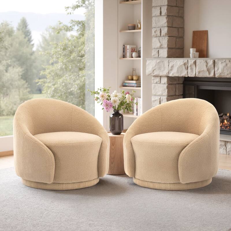 35" W Modern Upholstered Velvet/ Boucle Barrel Swivel Chair - Set of 2 - Light Brown/ Boucle