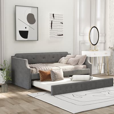 Twin Size Upholstered Sofa Daybed with Trundle, Wood Slat Support, Linen Frame, Perfect for Small Living Spaces and Guest Rooms
