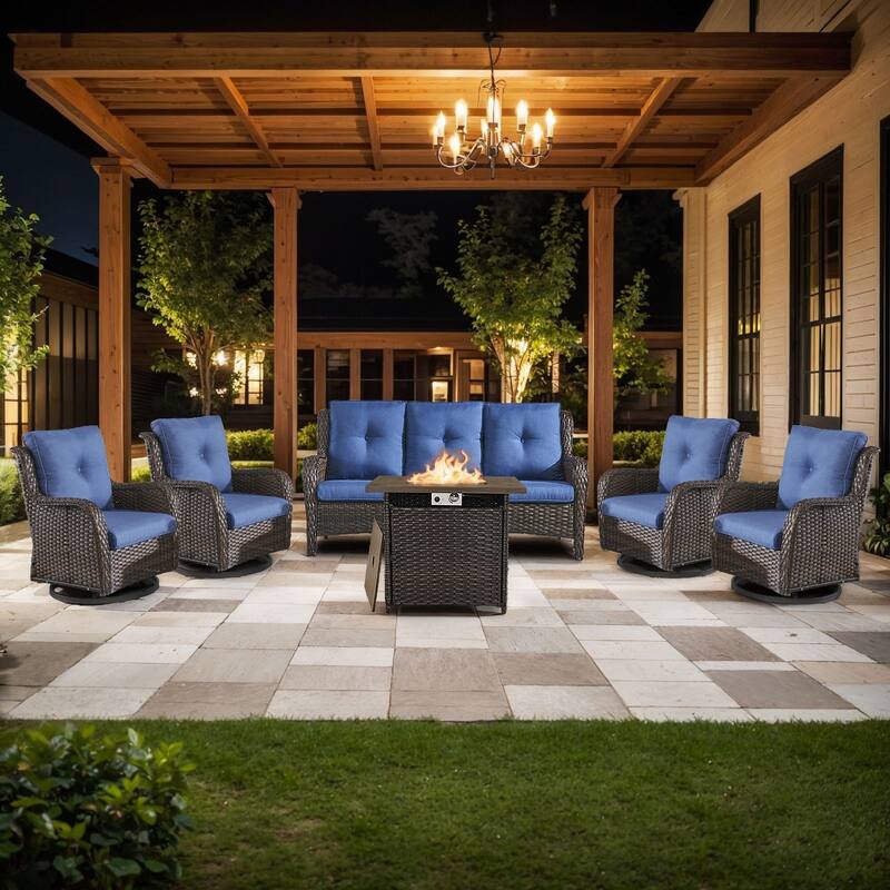 Pocassy 6 Pieces Fire Pit Table with Sofa Swivel Chairs Set - Brown Wicker Blue Cushion - 6 Pieces Sofa Swivel Chairs with Fire Table