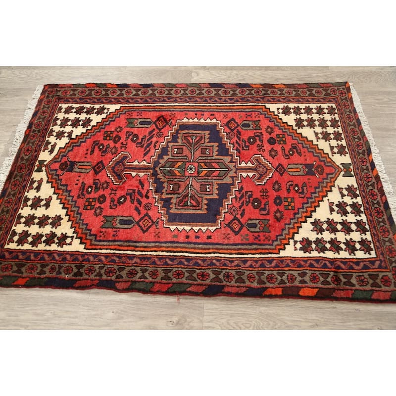 Geometric Persian Hamedan Area Rug Wool Hand-knotted Foyer Carpet - 3'3" x 4'9"