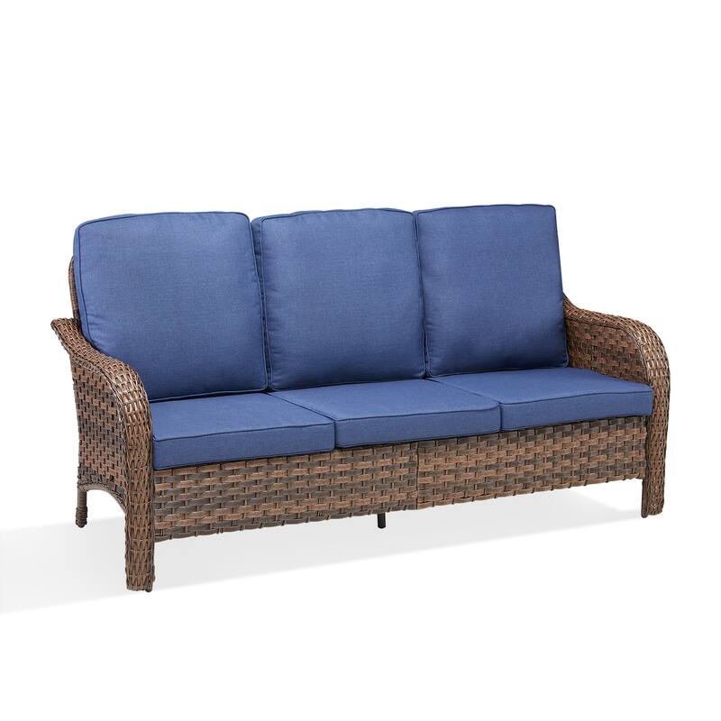 Cavira Brown Wicker Outdoor Patio 3-Seat Sofa with Olefin Cushions