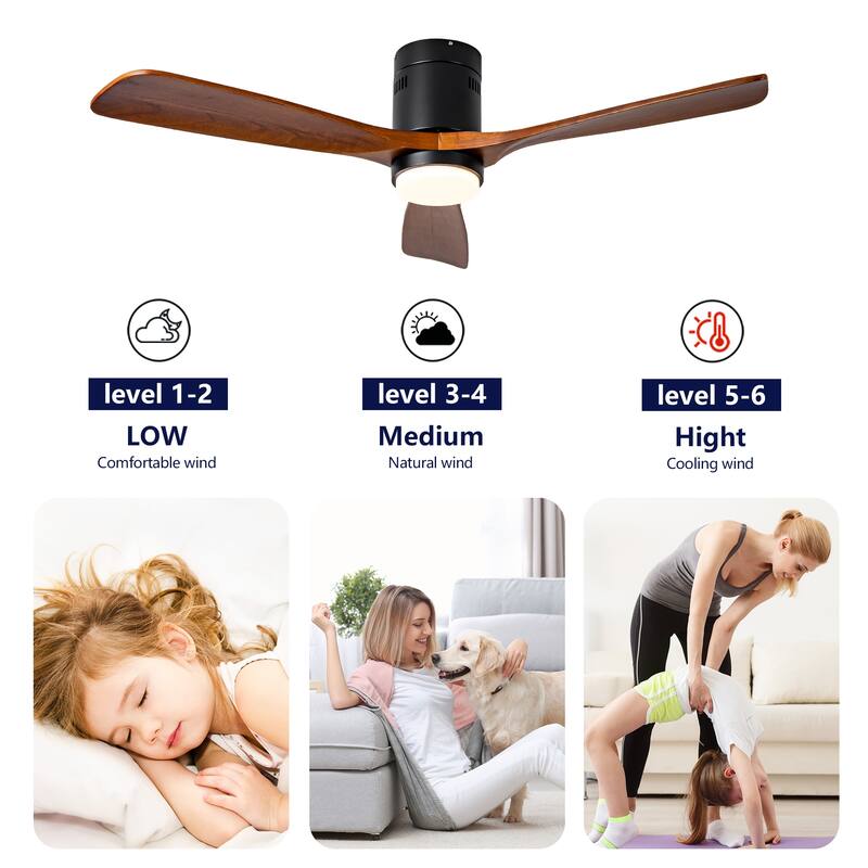 52" Flush Mount Ceiling Fan with Lights and Remote Control, Quiet DC Motor