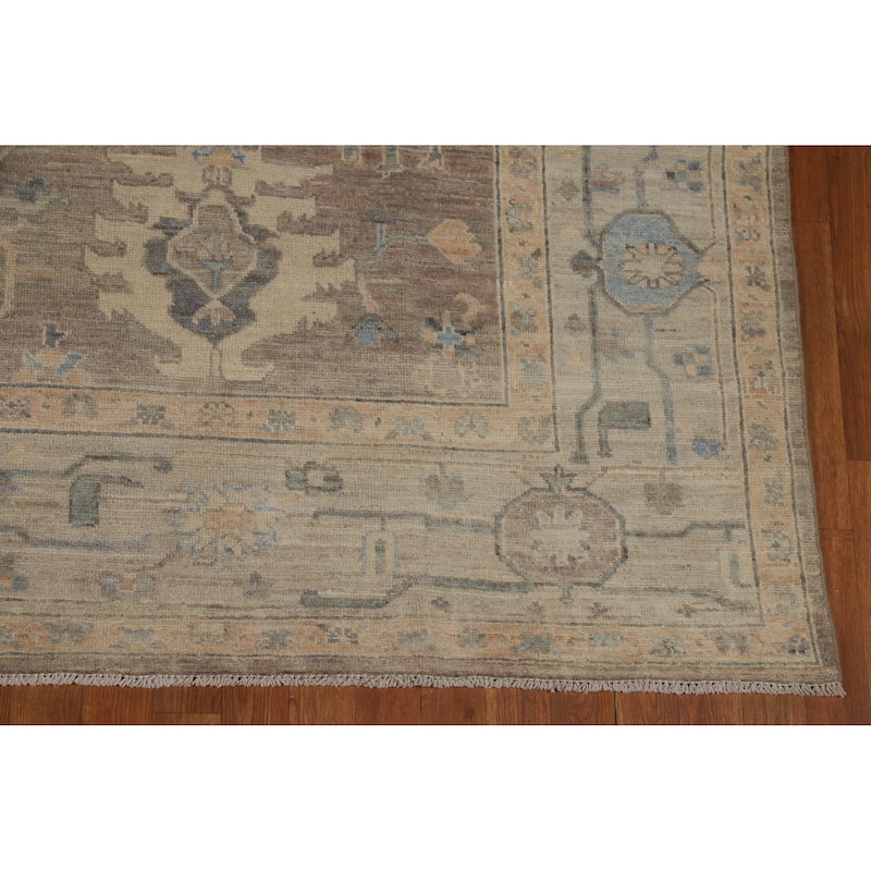Brown Floral Oushak Turkish Area Rug Hand-Knotted Wool Carpet - 8'1"x 9'10"