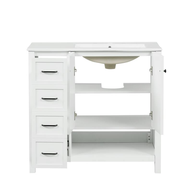 Freestanding Storage Cabinet Bathroom Vanity with Drop-In Sink, Ceramic Top, 2 Doors, 2 Drawers and Open Shelf