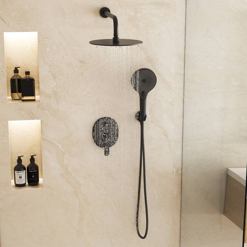 2-Functions Wall Mount Shower System Rainfall Shower Head - Matte Black 10 inch