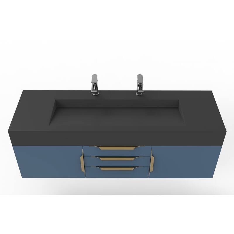 Nile 60" Wall Mounted Bathroom Vanity Set w/ Black Top