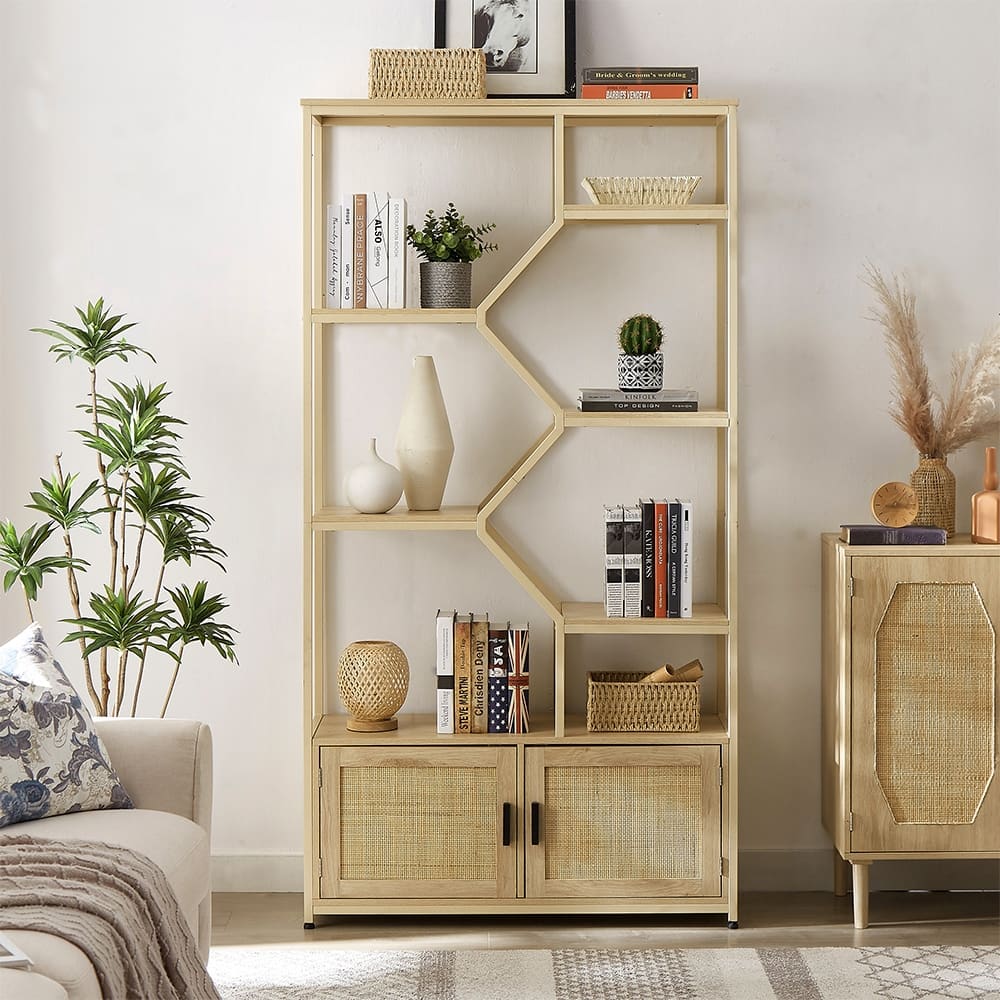 7-Tier Rattan Decor Bookshelf Display Stand with cabinet