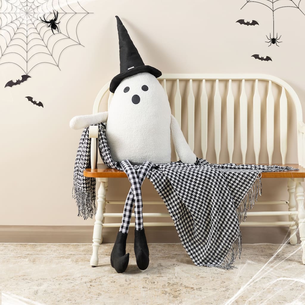 Glitzhome 65.25"H Halloween Oversized Lighted Fabric Ghost Sitter Porch Decor, with Timer