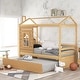 preview thumbnail 10 of 16, Wooden Twin Size House Bed Frame with Pull Out Twin Trundle Bed, Semi-enclosed House-shaped, Window, Guardrails - Unisex Natural - Twin