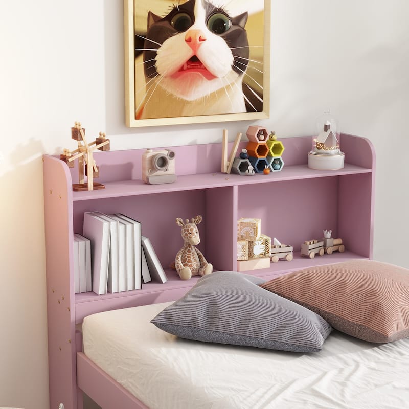 Space-Saving Twin Bed with Trundle and Bookcase in Pink