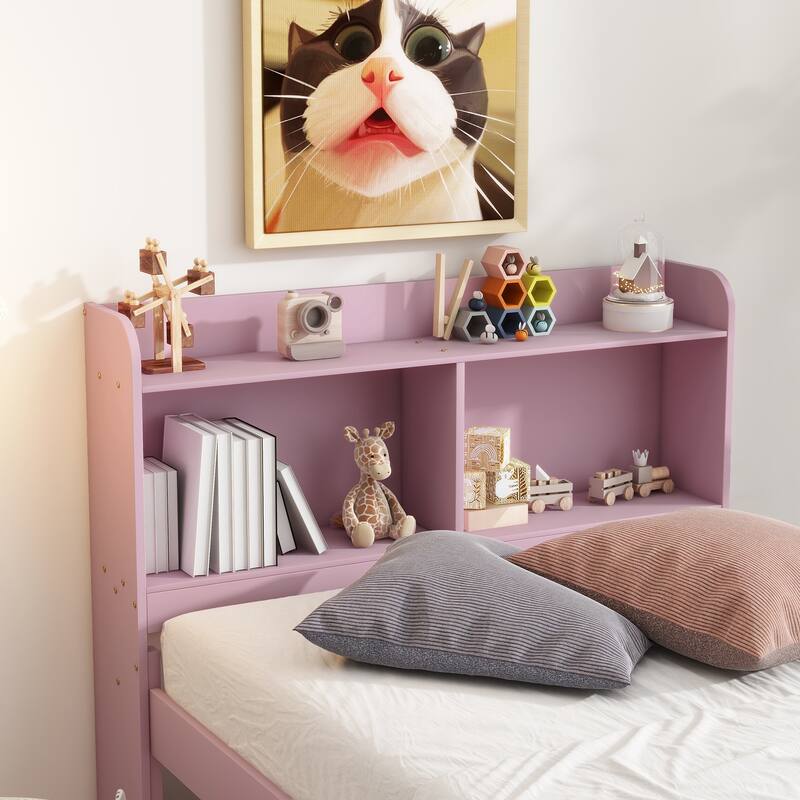 Wood Platform Bed with Trundle Bed, Storage Bed with Bookcase Headboard, Captains Bed, Wood Slat Support, No Box Spring Needed