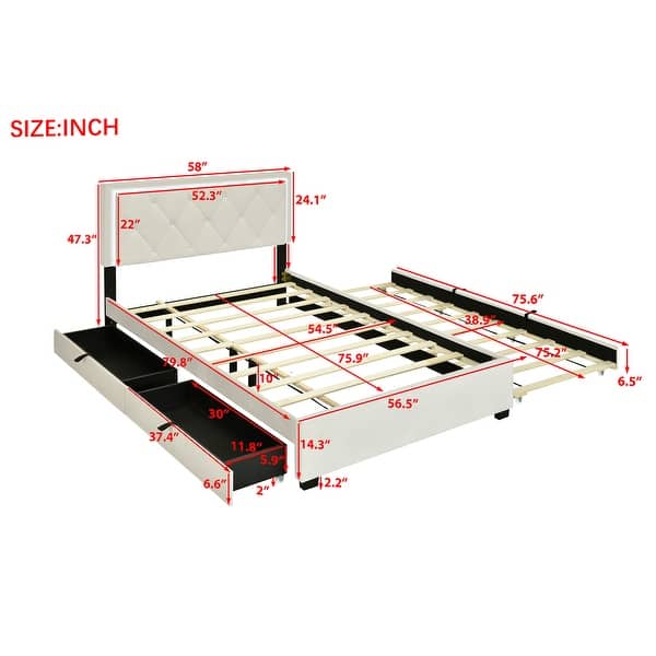dimension image slide 3 of 4, Button-Tufted Wingback Bed Velvet Frame Storage Platform Bed with 2 Drawers, Trundle Bed and Smart LED Light Bed Frame