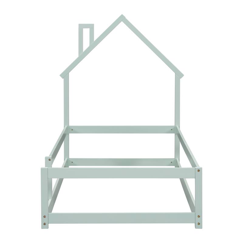 Whimsical Twin Floor Bed with House-Style Headboard and Full-Length Guardrails for Kids