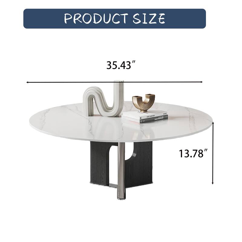35.43” Modern Round Coffee Table, Glossy Sintered Stone Table top,Solid Wood Legs