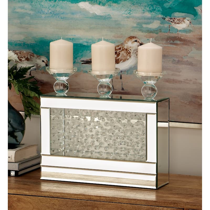 Glass Pillar Candle Holder with Floating Crystals - 4"W x 16"L x 15"H - Silver - 3 Plate Box Candelabra