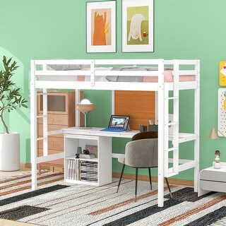 Twin Size Loft Bed with Desk and Writing Board, Pine Wooden Bed with Desk, Kid's Bed with 2 Drawers Cabinet, White
