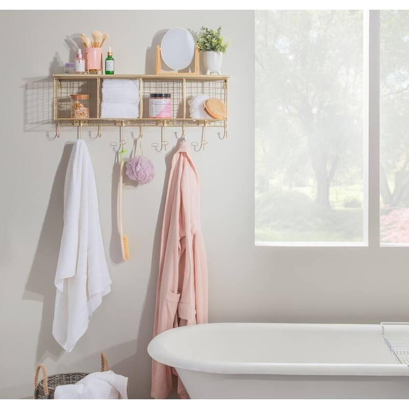 Linon Four Cubby Wall Shelf with Hooks - Gold
