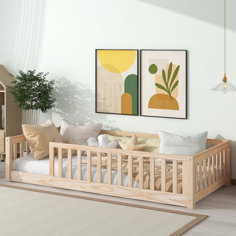 Floor Platform Bed with Fence without Door