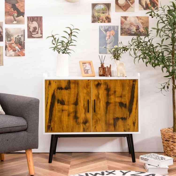 Mid-Century Wood Storage Cabinet with 2 Doors and Metal Legs for Entryway - 32" x 15" x 29" (L x W x H)