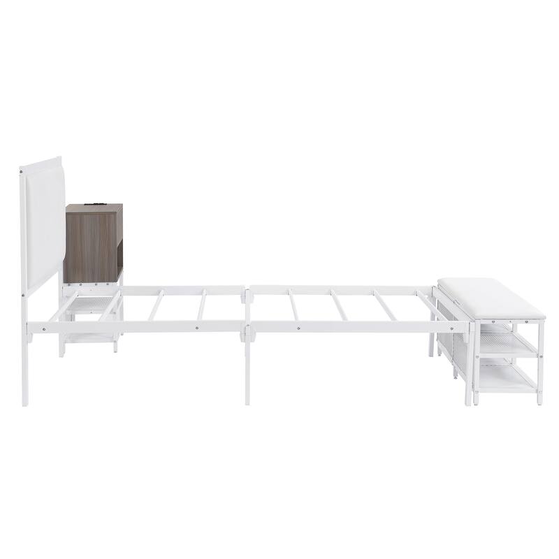 Metal Platform Bed with Two-Tier Storage Shelves, Wooden Storage Cabinet