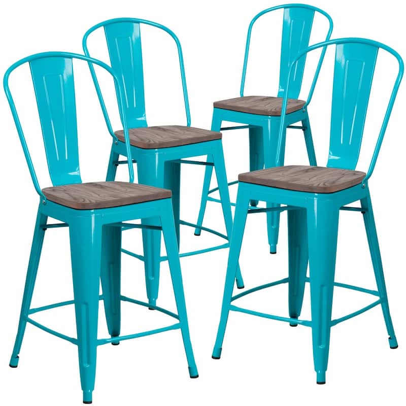 4 Pk. 24" High Metal Counter Height Stool with Back and Wood Seat - 17.75"W x 22"D x 40.25"H - 17.75"W x 22"D x 40.25"H