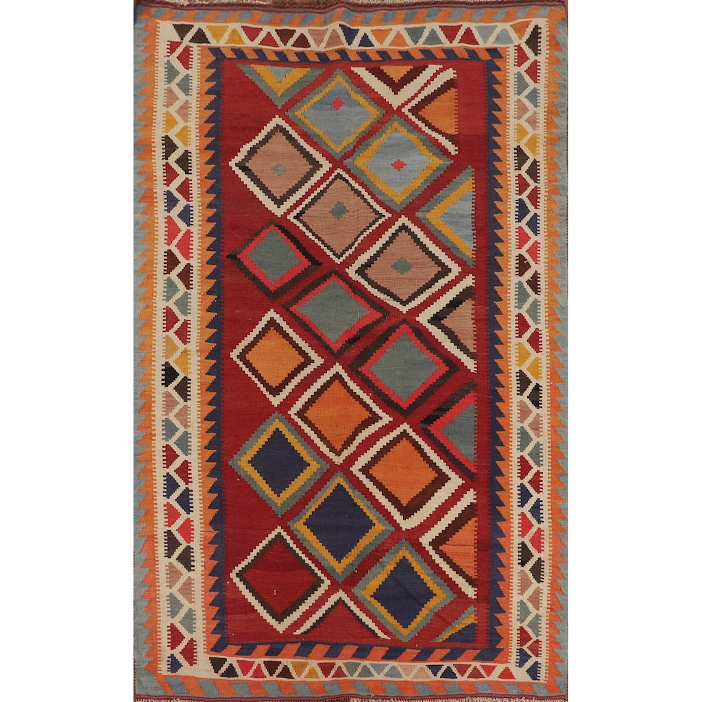 Tribal Kilim Qashqai Persian Vintage Flatweave Geometric Wool Carpet - 4'1"x 8'1"