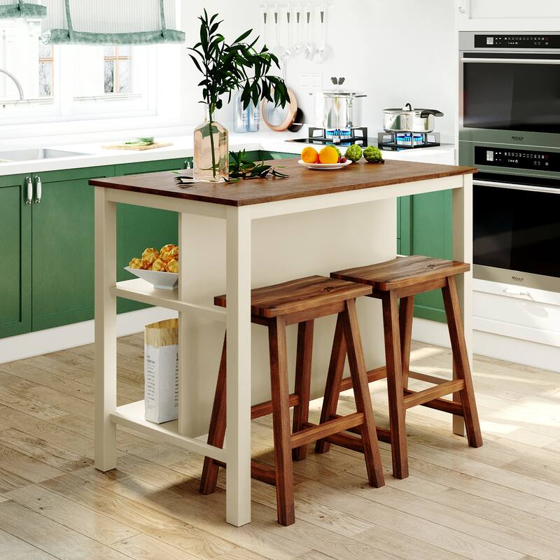 3-Piece Farmhouse Style Kitchen Island Set with Spacious Tabletop, Storage Shelves, and Two Comfortable Stools
