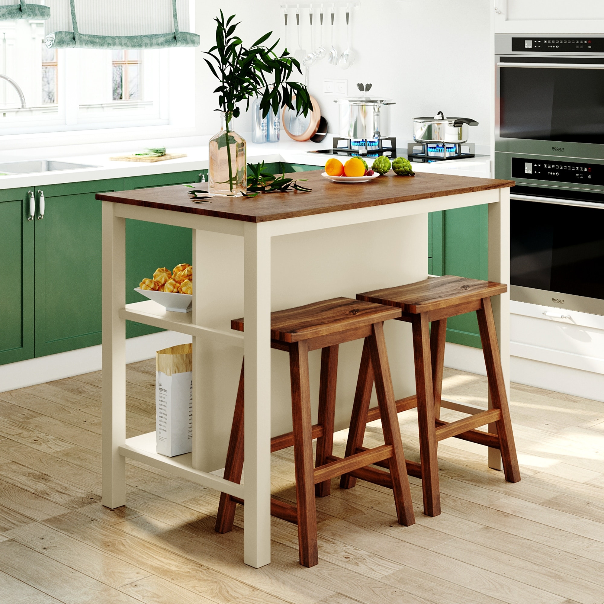 Walnut Kitchen Island Set with 2 Seatings, Dining Room Table with Open Shelves, Minimalist Wooden Table & Chair Set