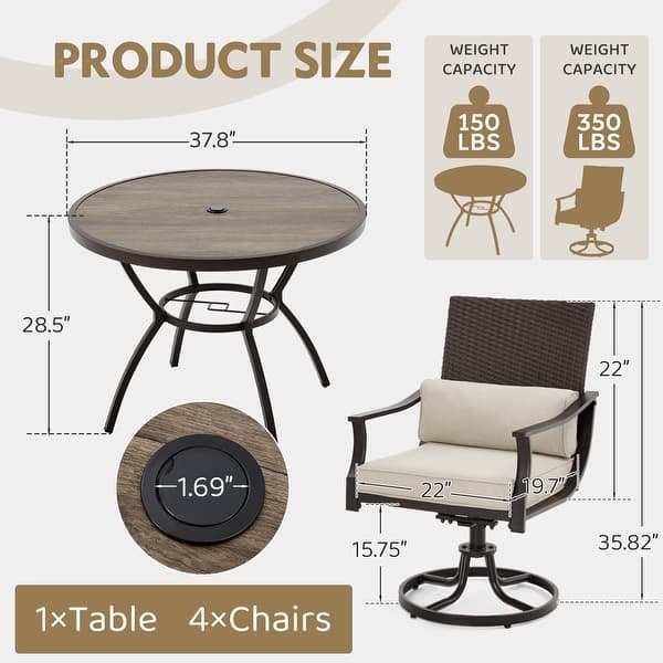 dimension image slide 1 of 5, EROMMY Outdoor Dining Set, Swivel Rocking Chairs, Rectangular Table w Umbrella Hole, Patio Furniture Set for Backyard