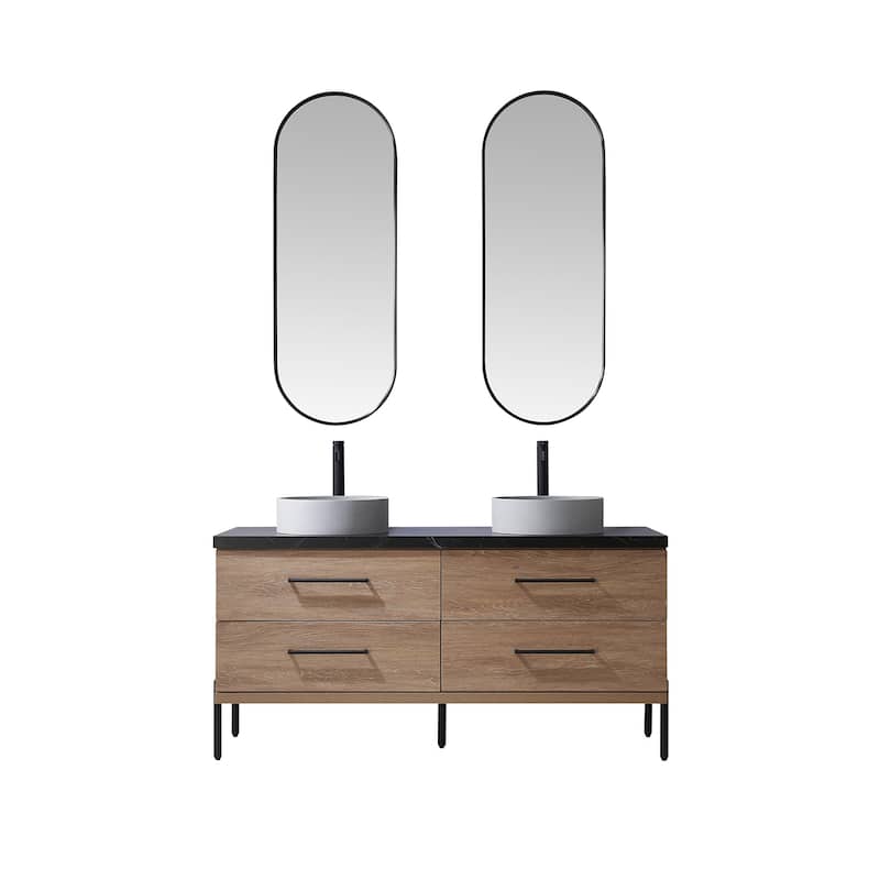 Trento Bath Vanity with Sintered Stone Top with Concrete Sink (C) - 60 in. - North American Oak-With Mirror