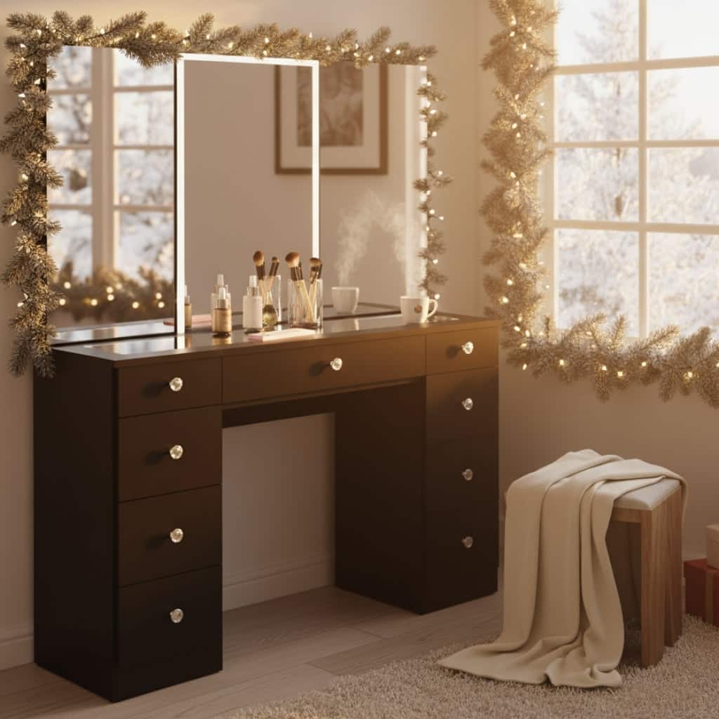 Boahaus w/Tri-Fold Lighted Makeup Vanity Desk With Glam Glass Top 9 Drawers Crystal knobs