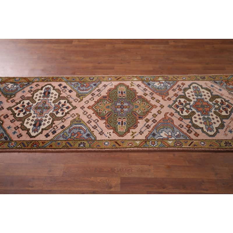 Pink Geometric Kazak Oriental Runner Rug Hand-Knotted Wool Carpet - 2'6"x 9'11"