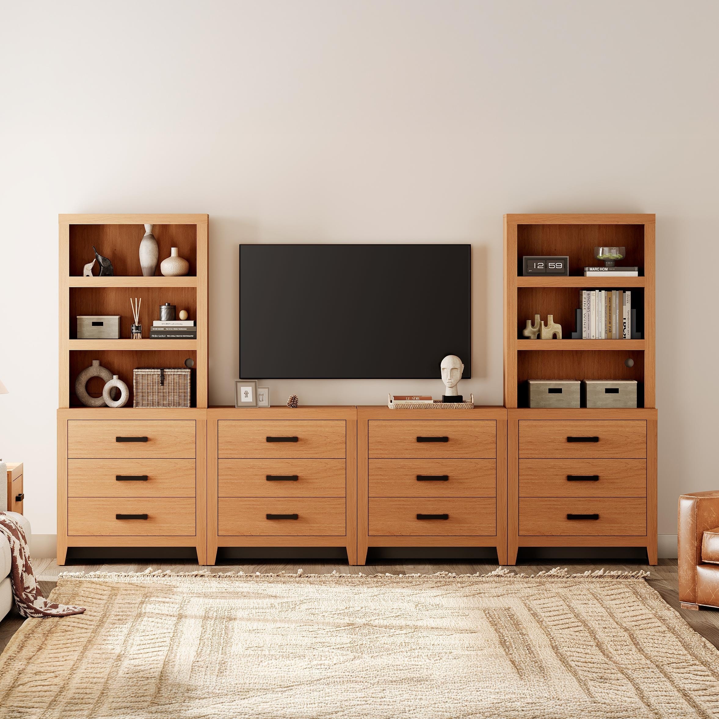 WAMPAT Farmhouse TV Stand for 75 inch TVs, Modular Media Console with Storage Drawers