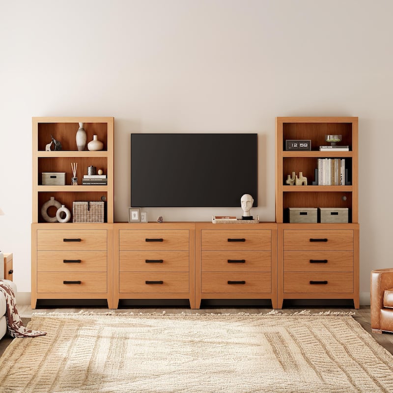 WAMPAT Farmhouse TV Stand for 75 inch TVs, Modular Media Console with Storage Drawers - Mocha