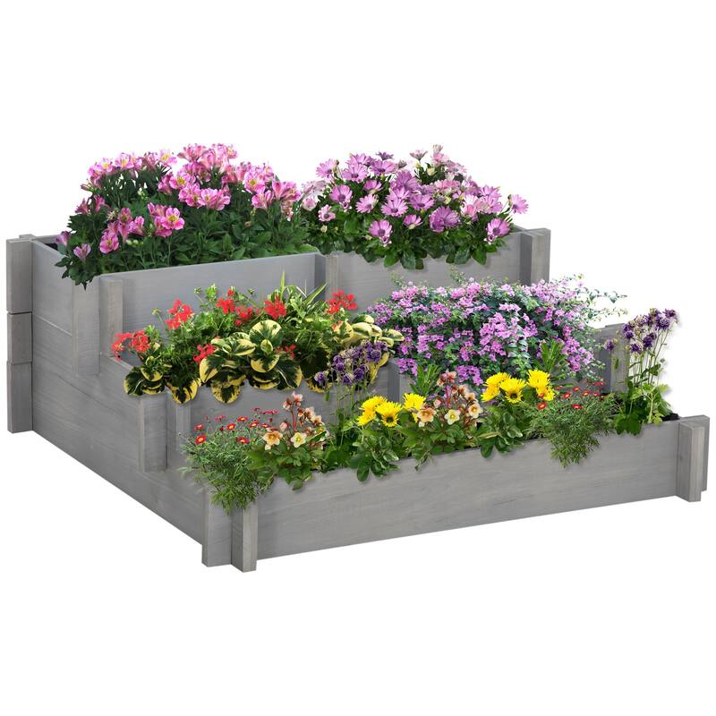Outsunny 3-Tier Raised Garden Bed, Water Draining Fabric for Soil, Elevated Wood Flower Box for Vegetables