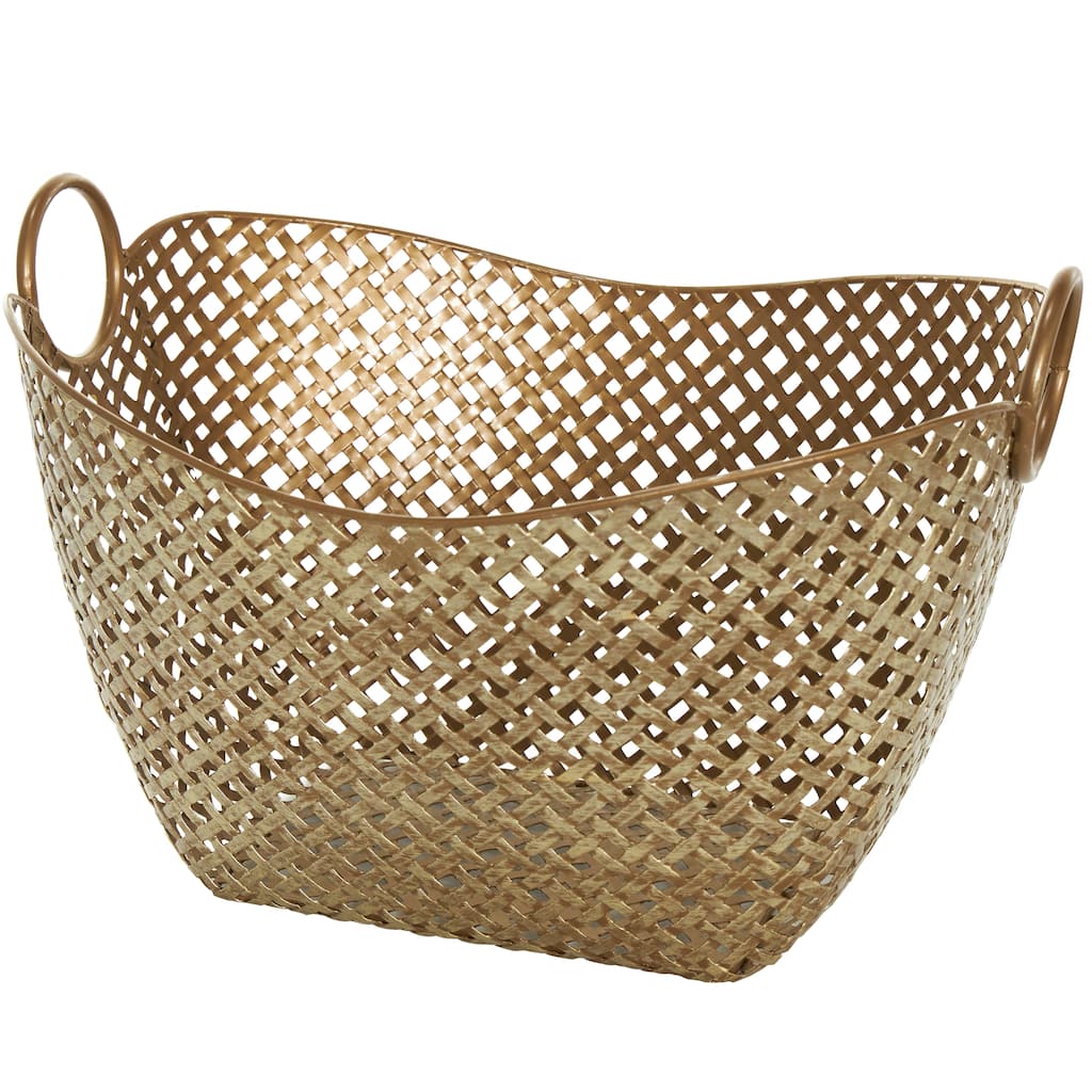 Metal Handmade Woven Inspired Storage Basket with Handles - Gold - Roche River Decor - 13"W x 17"L x 11"H