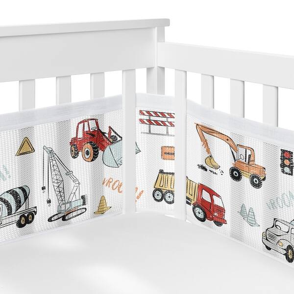 slide 2 of 6, Red Blue Construction Truck Boy Sweet Jojo Designs + BreathableBaby Breathable Mesh Crib Liner Grey Tire Tracks