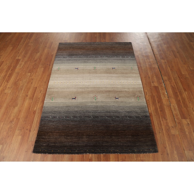Striped Gabbeh Indian Rug Hand-Knotted Bedroom Brown Wool Carpet - 4'0" x 5'10"