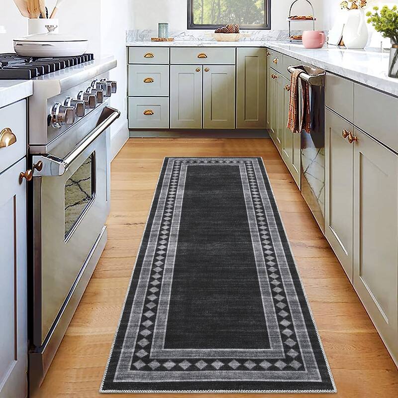 Modern Bordered Rug Non Slip Low Pile Area Rugs for Living Room, Machine Washable Area Rugs Soft Throw Rugs - 2'x6' - Black