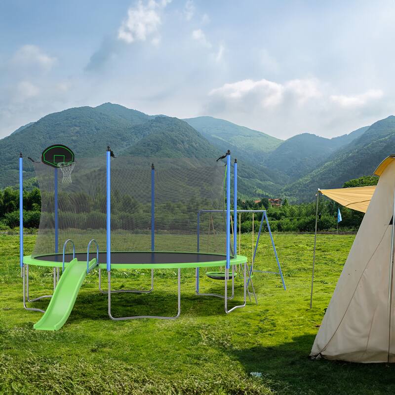 12FT Trampoline with Slide and Swings(Double color cover), Trampoline with Basketball Hoop and Ladder