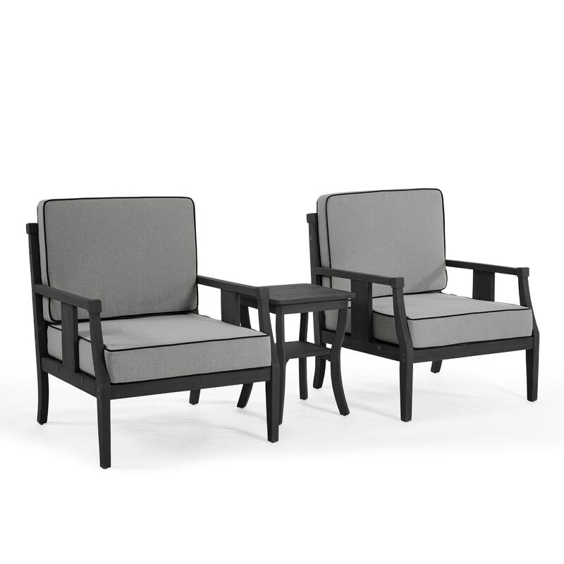 3-Piece Teak Wood Outdoor Armchair Set with Side Table, Cushions, Patio Seating Sets
