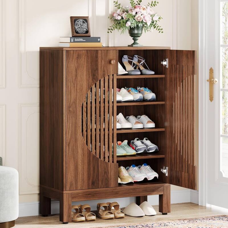 28" Brown 5-Tier Shoe Cabinet with Round Louvered Doors