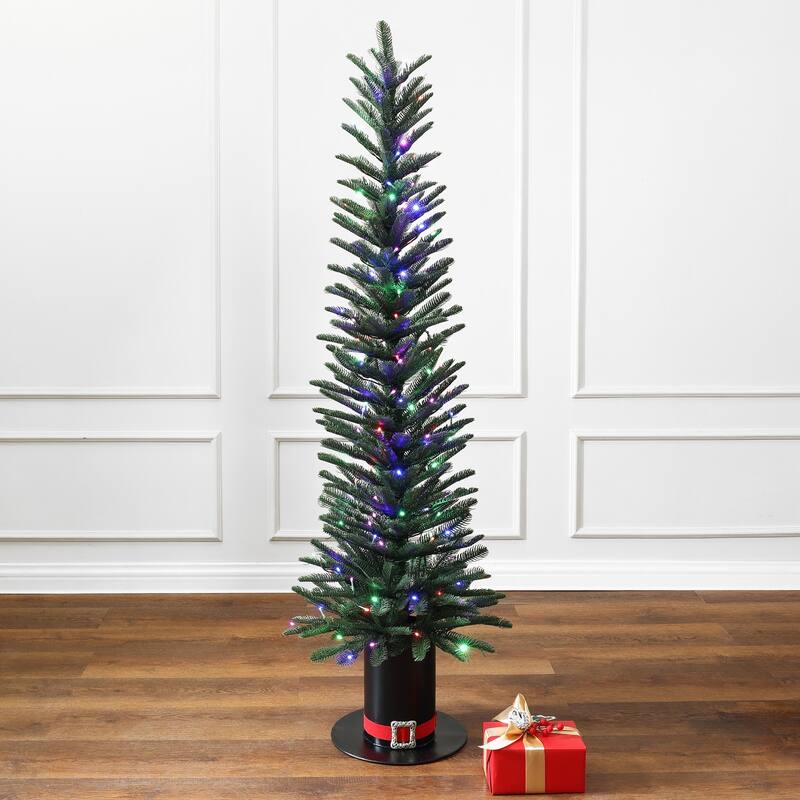 5.5Ft Pre-Lit Green Artificial PE Tree 10 Lighting Modes Christmas Tree with Tophat Pot - 66" H x 19.7" Diameter