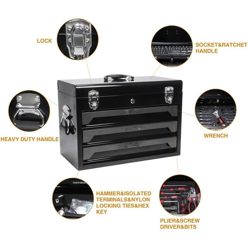 Utility Tool Box with Tool Set, 3 Drawers Metal Toolbox with Ball-Bearing Drawer Slides Safe Lockable Tool Storage Cabinet