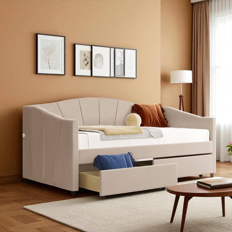 Twin Upholstered Daybed with Storage Drawers and Wood Slats, Velvet Fabric Frame, No Box Spring Needed - Beige - Twin
