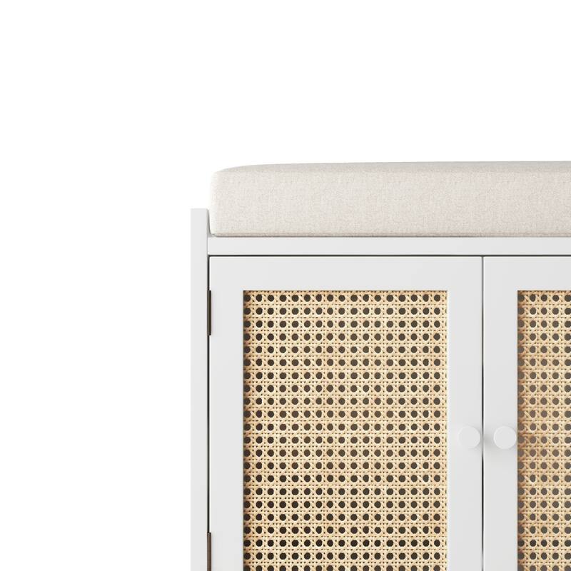 Upholstered Storage Bench with Cabinet Rattan Style Wood Cabinet