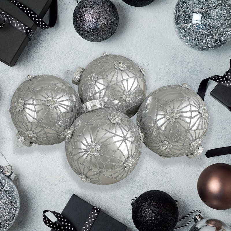 4ct Silver with Floral Gem Christmas Ball Ornaments 3.25-Inch (80mm) - 3.25"