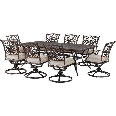Agio Renditions 9-Piece Set with 8 Swivel Rockers and 42-in. x 84-in. Cast-Top Table, Featuring Sunbrella® Fabric in Silver